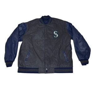 MLB Seattle Mariners Jacket Mens 3XL Blue Wool Leather Reversible Varsity Bomber